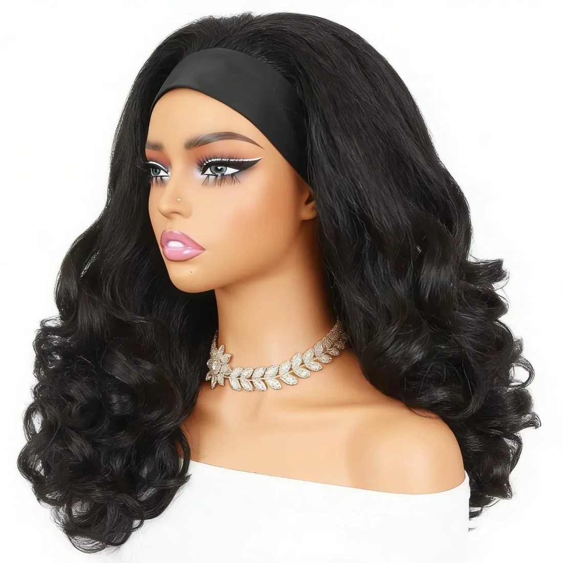 Burmese Curly Headband Wig Kinky Straight Bouncy Loose Wave Texture Black Synthetic Half Wig with Attached Headband Glueless