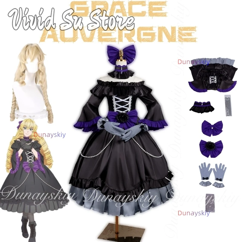 

От Бюрократа до злодея:Переинкарнированный Датой! Аниме с черным платьем Лолиты Grace Auvergne Косплей 코스프레 Полный костюм