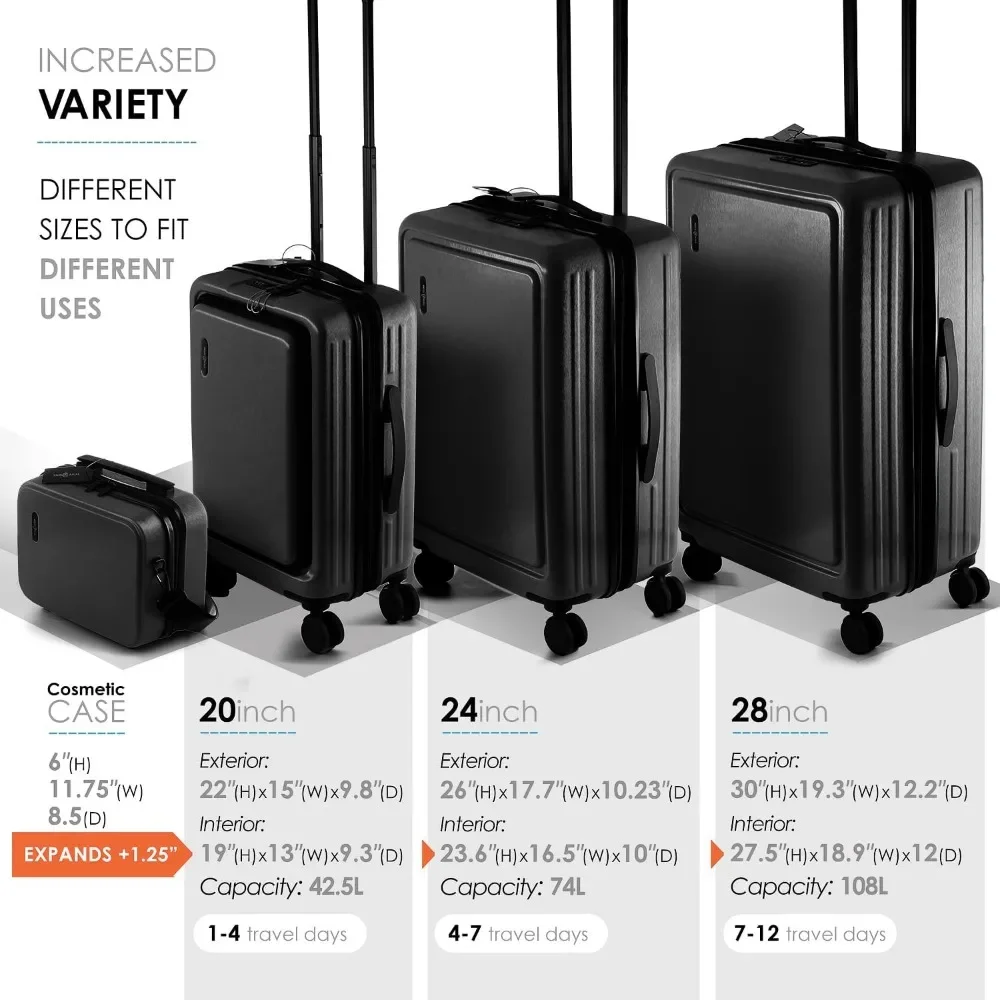 Set di valigie rigide con ruote Spinner 4 pezzi, valigie grandi espandibili con serratura TSA, Set di valigie nere da viaggio