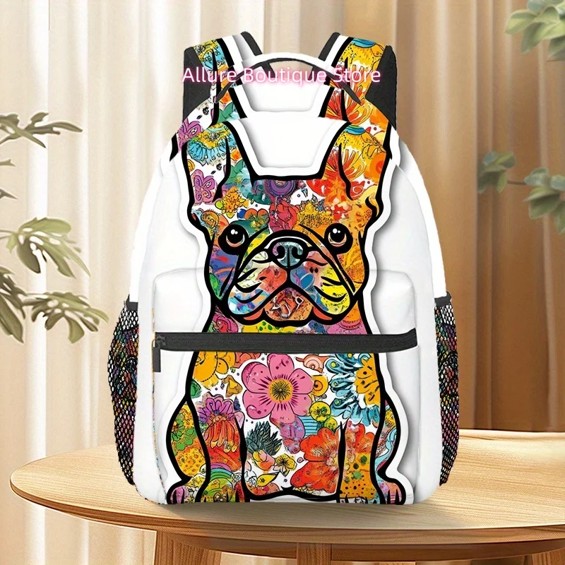 Colorful French Bulldog Print Backpack - Lightweight Polyester, Adjustable Straps, Zipper Closure, Ideal for Outdoor Sports, Hik
