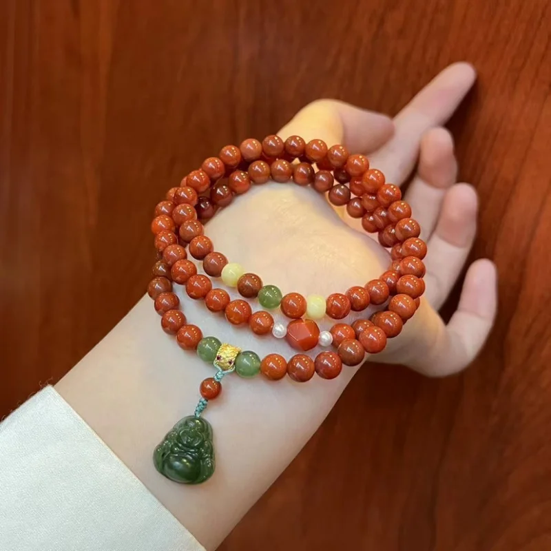 Scale Blood Agate Buddha Three-Circle Bracelet