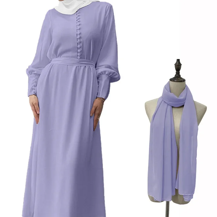 Women's Fashion Elegant Front Buttons Abaya Dress+ Scarf Suit  High Waist 2 Pcs Muslim Sets Chiffon Abaya Arab Kaftan Robes Set