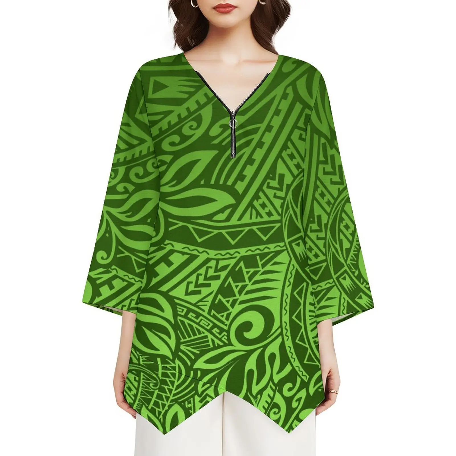 Samoa Fiji Islands Women Long Sleeve Top Custom Floral Print Fashion Polynesian Style Women V-Neck Irregular Hem T-Shirt