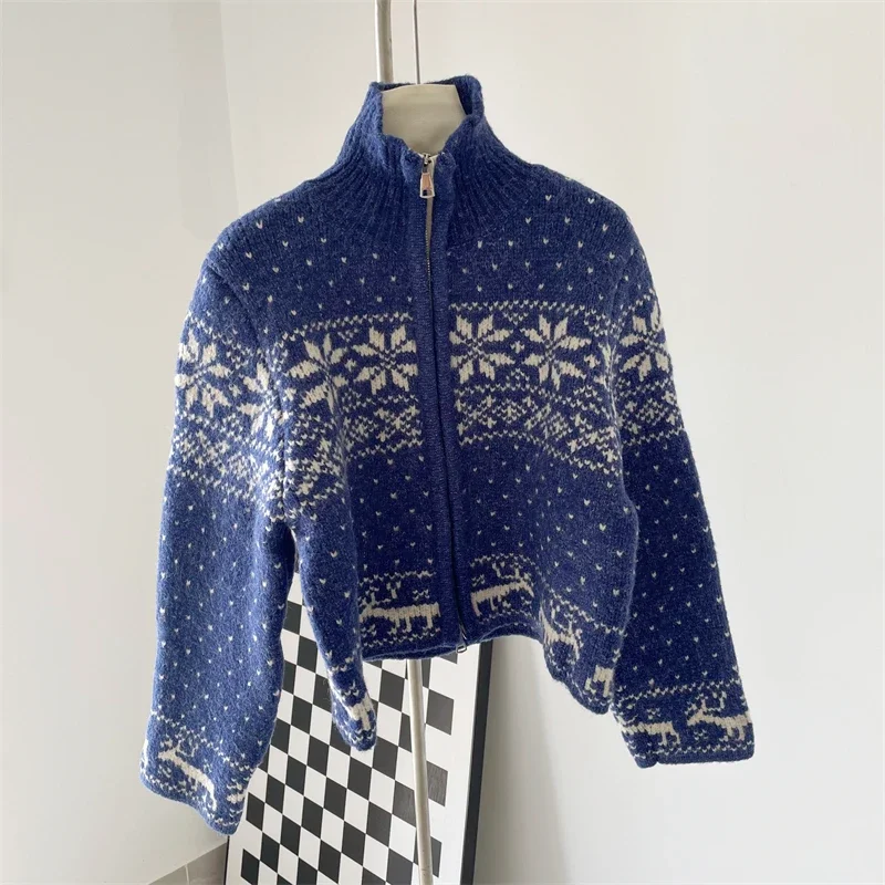 Vintage Snowflake Sweter Płaszcz Damski Jesień Zima Moda Luźny Casual Miękki Ciepły Beżowy Niebieski Świąteczny Dzianinowy Kardigan Płaszcz