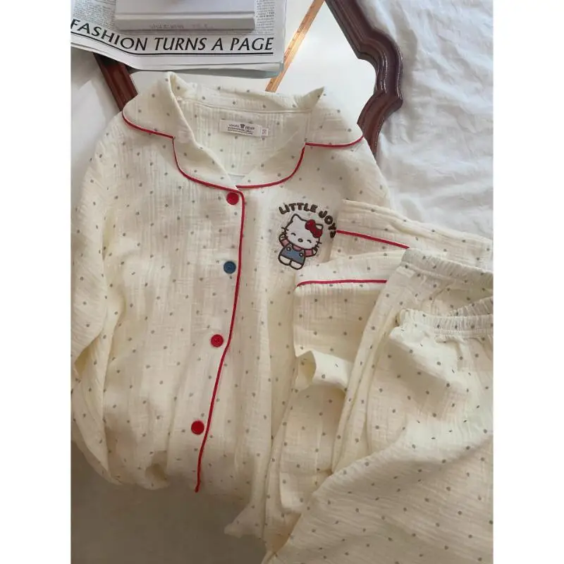 Sanrio Pyjamas, 2-teilig, Hello Kitty, modisch, langärmelig, süßer Stil, Hose, Cartoon-Outdoor-Hauskleidung, Frühlings- und Herbststil