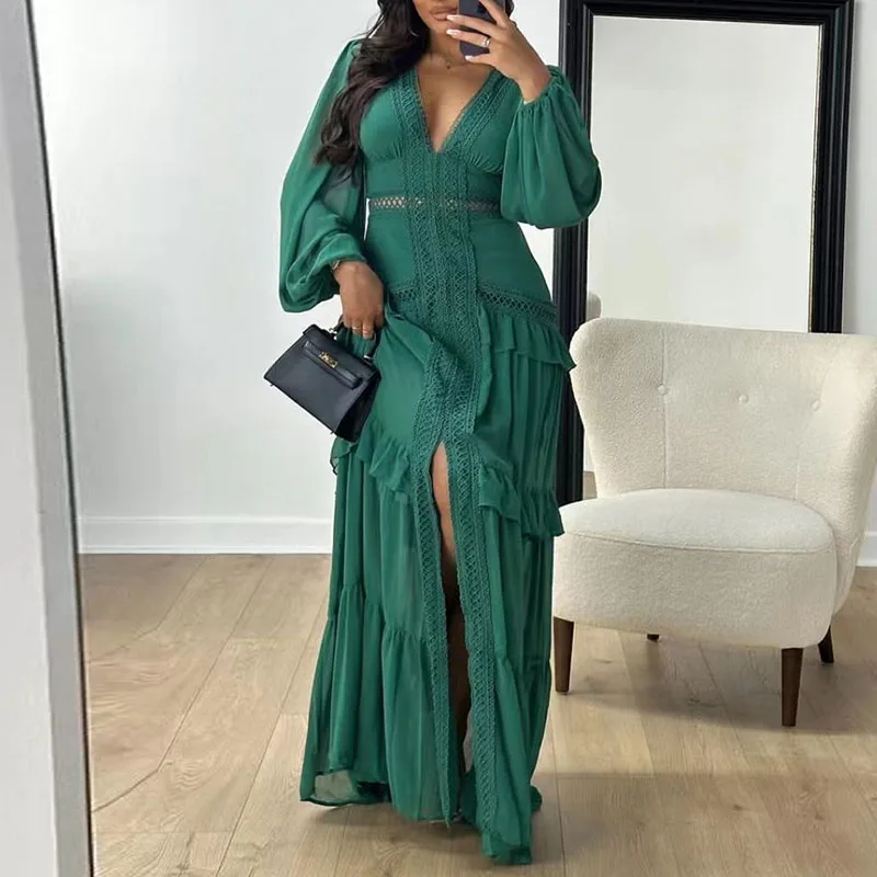 Elegant Lace Deep V-neck Pleated Long Dress Women's Casual Long Sleeve Solid Party Dress Fahsion Hight Waist Slim Evening Dress