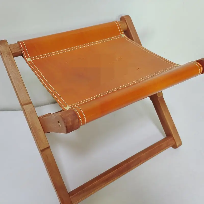 Household top layer cowhide vintage wood folding stool
