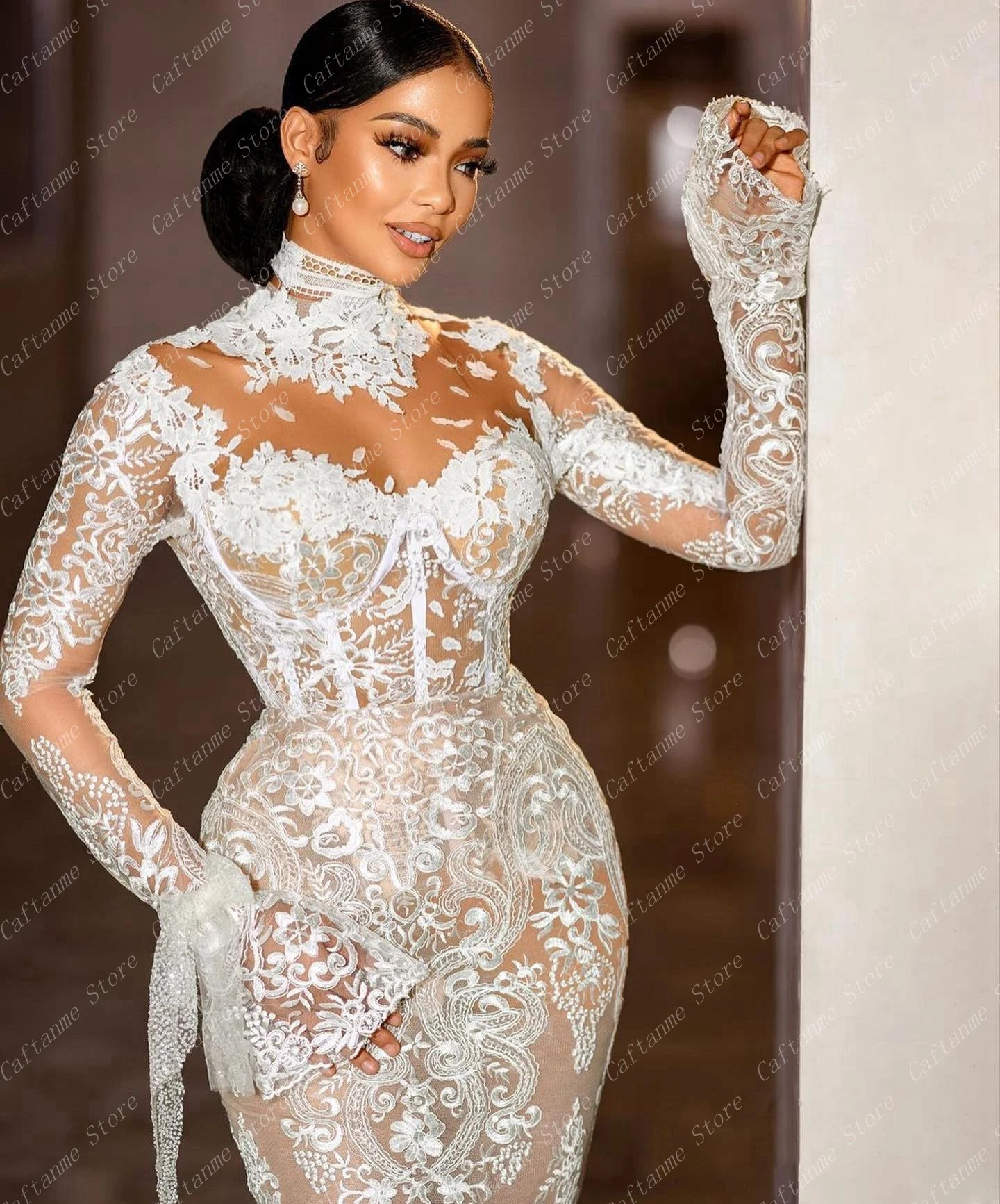 Luxury White Lace Wedding Dress Detachable Train Long Sleeves High Neck See Thru White Bridal Gowns Aso Ebi Black Girls 2024