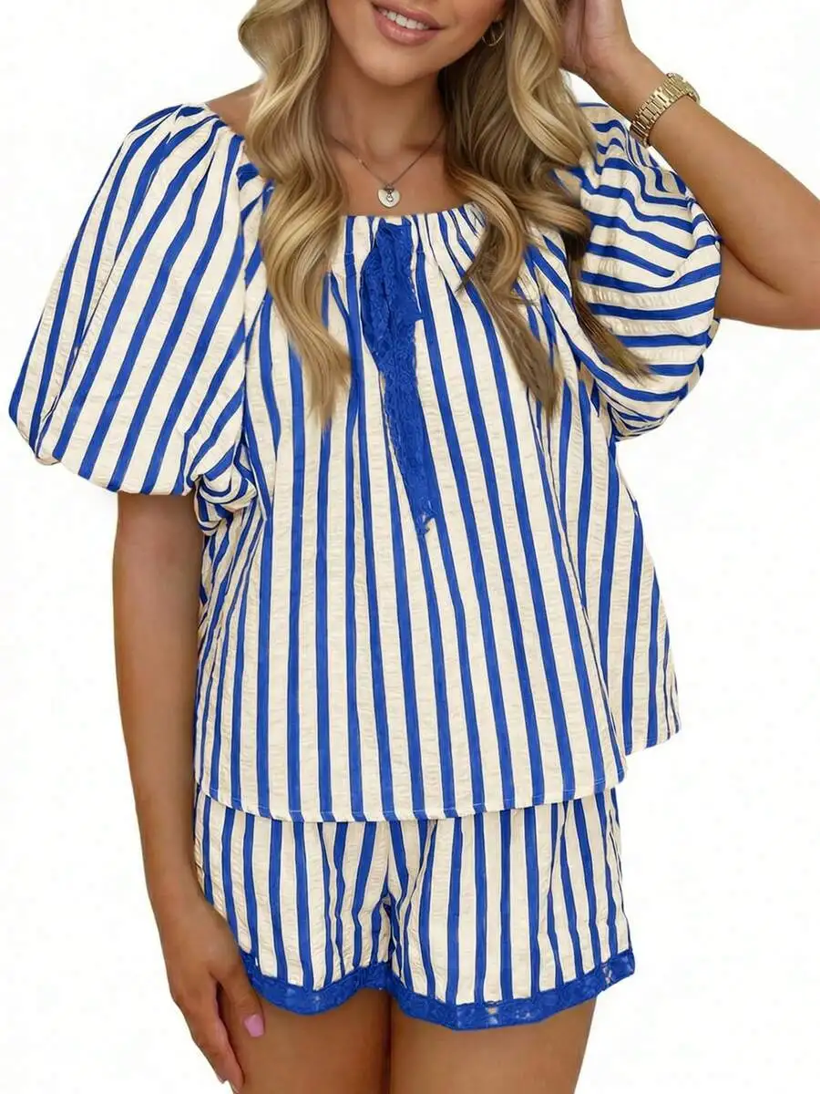 

Womens Summer Striped 2 Piece Set Puff Sleeve Scoop Neck Babydoll Blouse Lounge Shorts