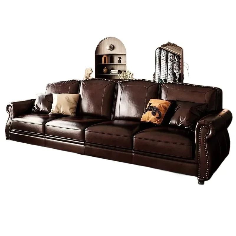 for American Style Retro Brown Oil Wax Leather Sofa 3 4 Seater Straight Row Living Room Villa Furniture First Layer Cowhide