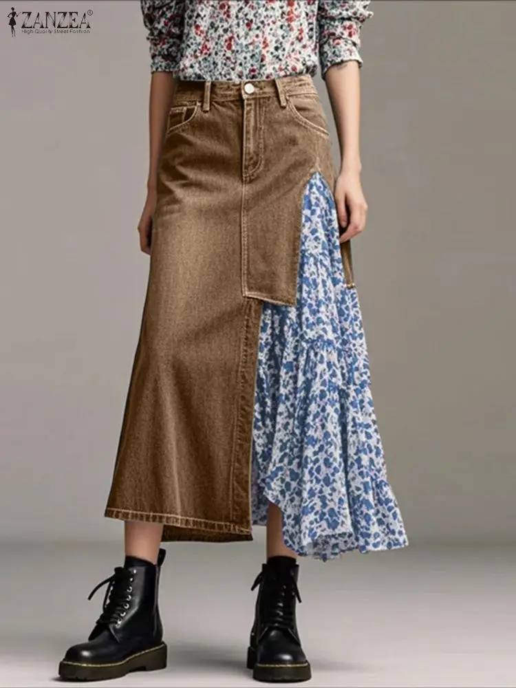 ZANZEA نساء موضة تنانير طويلة 2025 الخريف الدنيم الأزهار طباعة المرقعة التنانير الطويلة عادية فضفاض أنيق OL Jupes Faldas Saia #1