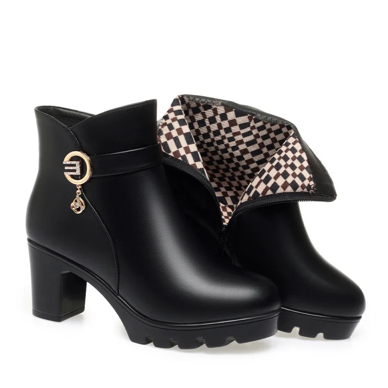 Women's Ladies Mother Famale Winter Ankle Boots PU Leather Fur Warm Plush Shoes Fashion Zip Platform High Heel Women Short Boots