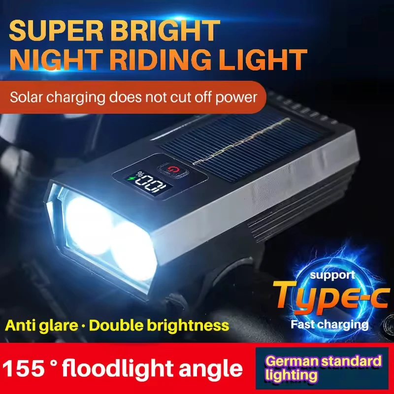 

Multi-function Mountain Road Bike Light Digital Display Waterproof Solar Charging Riding Light Bicycle Head Light