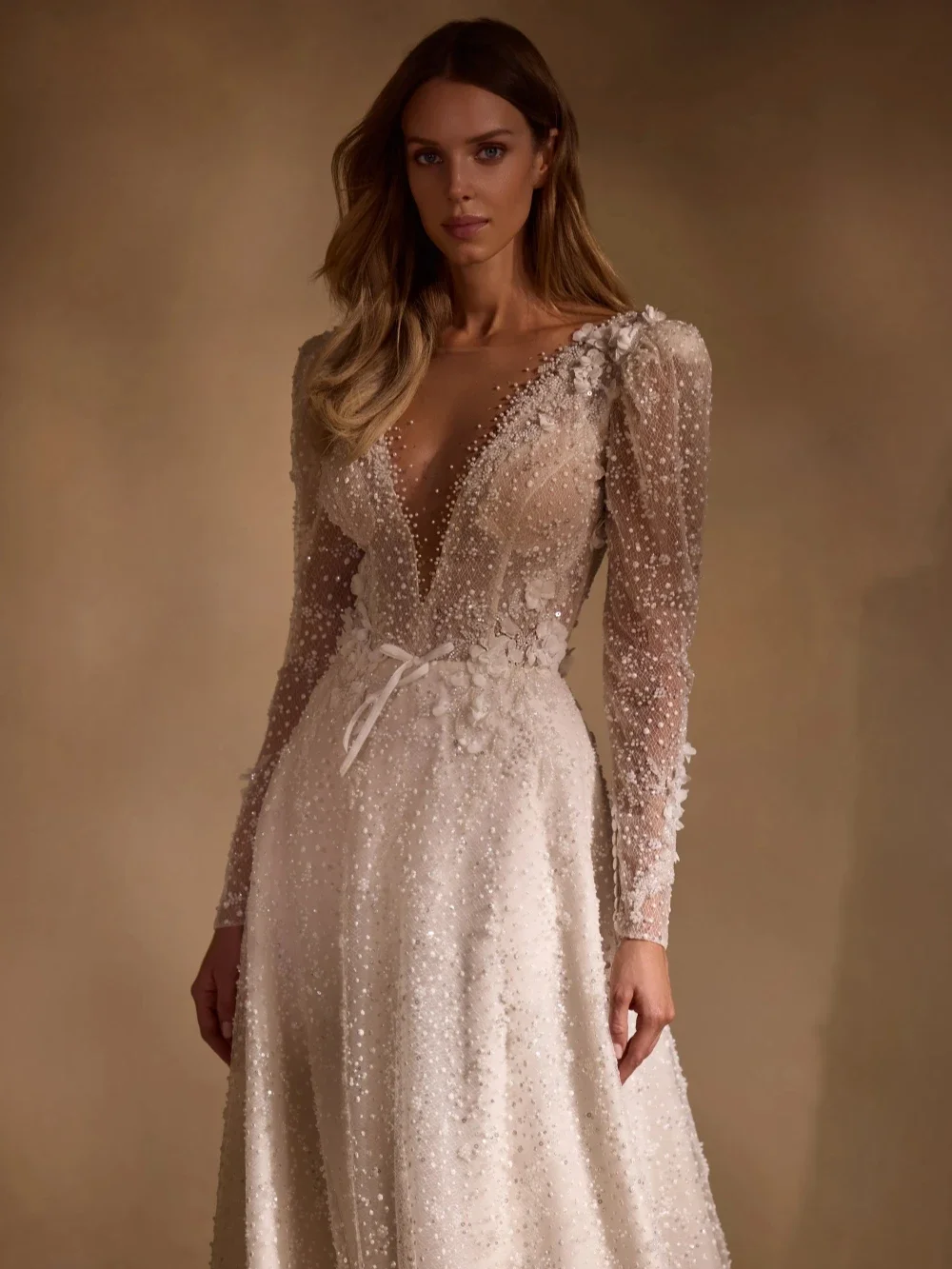 

Illusion Deep V-neck Backless Wedding Dress Shiny Sequins Pearls Bridal Gown A-line Long Dresses Customized