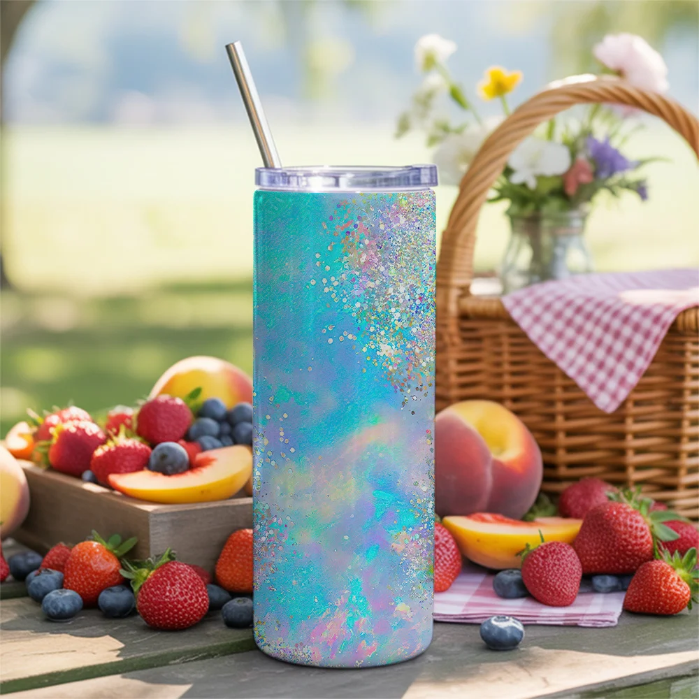 1pc 20Oz Insulated Tumbler, Iridescent Pastel Swirls with Sparkling Silver Glitter Design, with Straw And Brush, Double-Walled Steel Cup for Hot/Cold Drinks, Perfect Gift for Anyone Who Loves a Dreamy, Holographic And Shimmering Aesthetic