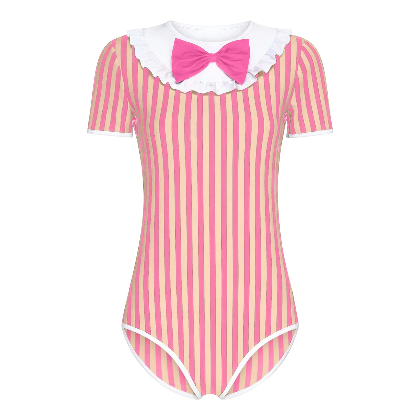 

Womens Striped Pajamas Bodysuit Bow and Ruffled Detail Short Sleeve Buttoned Crotch Sleep Jumpsuit Nightgown Loungewear