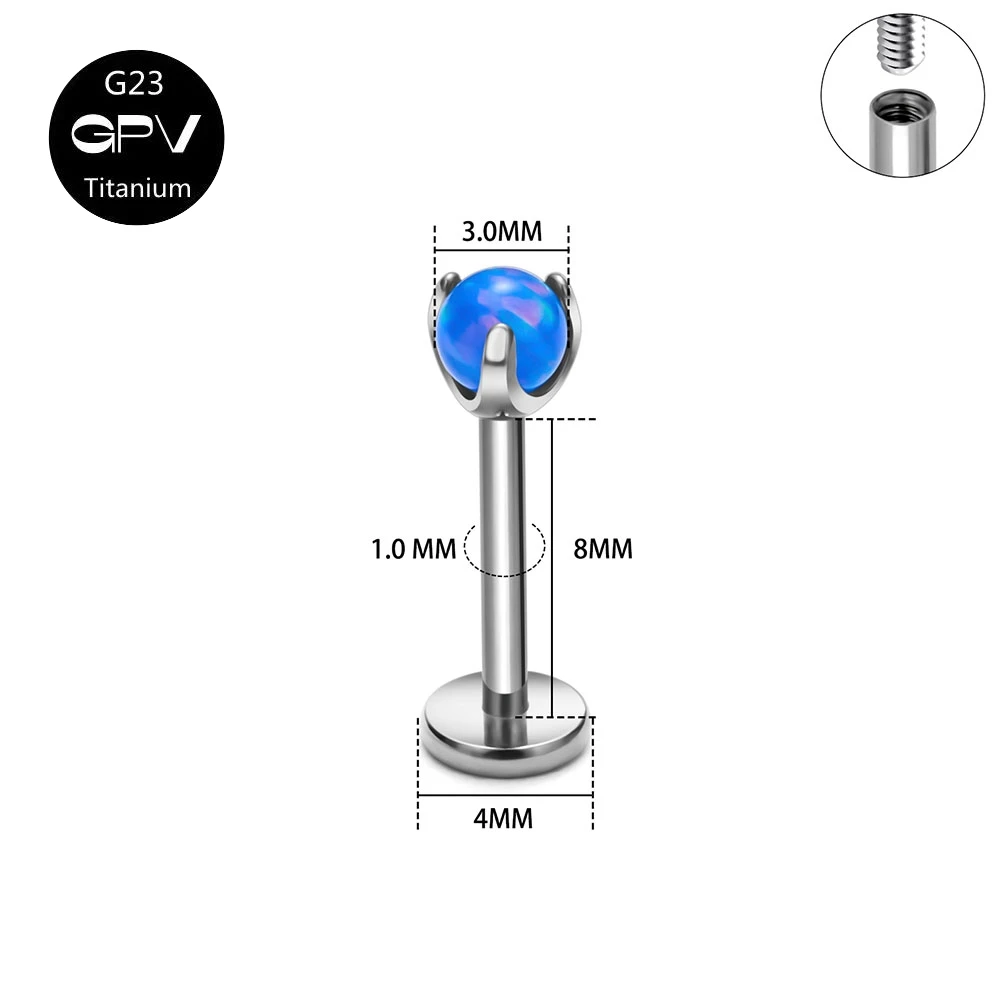 G23 F136 Titanium Earnail Three Claw Round Aurora High Brightness Opal Women\'s Ear Cartilage Nail Perforated Jewelry