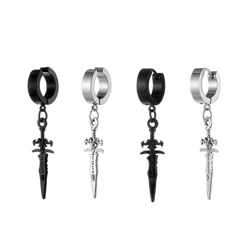 1Pair Stainless Steel Dagger Ear Clip Pendant Dangle Earrings for Men Women Punk Sword Cross Black Non Piercing Fake Earrings