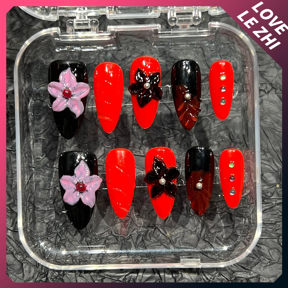 

DIY Summer French Long Almond Handmade False Nails 3D Pearl Pink and Black Flower Full Cover Nail Removable Nail Holiday Gifts