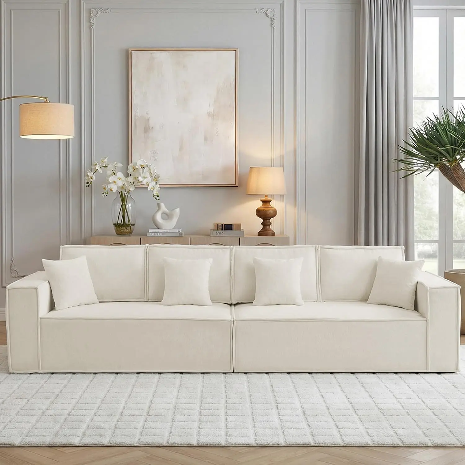 108'' Oversized Modular 4 Seater Chenille Sofa, Deep Seat Corner Cloud Couch with Chaise for Living Room, Beige, Customized