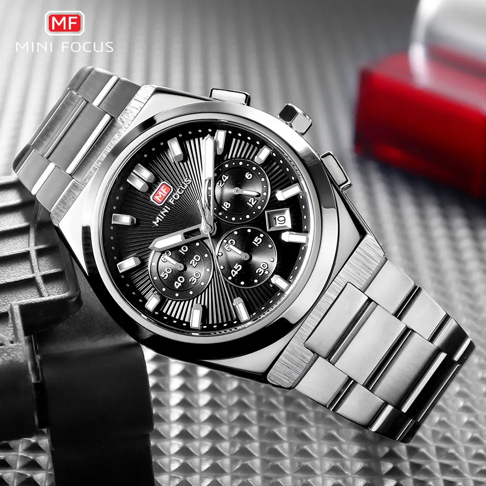 MINI FOCUS Fashion Men's Military Sport Watch Stainless Steel Strap Luminous Water Resistant Quartz Wristwatch with Calendar1614