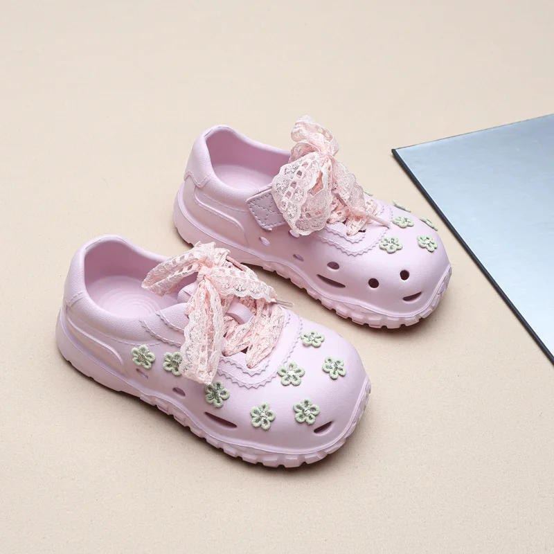 

Kids'Casual Shoes Flowers Lace PVC Fashion Sunmmer Flat Garden Shoes For Children Anti-slip Breathable White Pink Size 26-33
