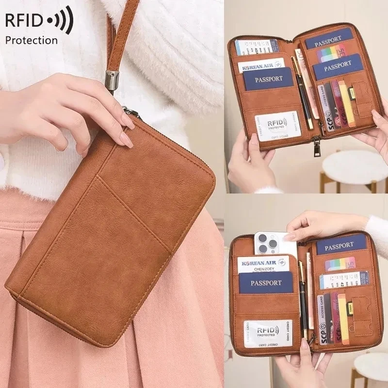 Nuovo portafoglio da viaggio Porta passaporto portatile per uomo e donna Borse per telefono con cerniera per biglietti di credito multifunzionali in pelle PU