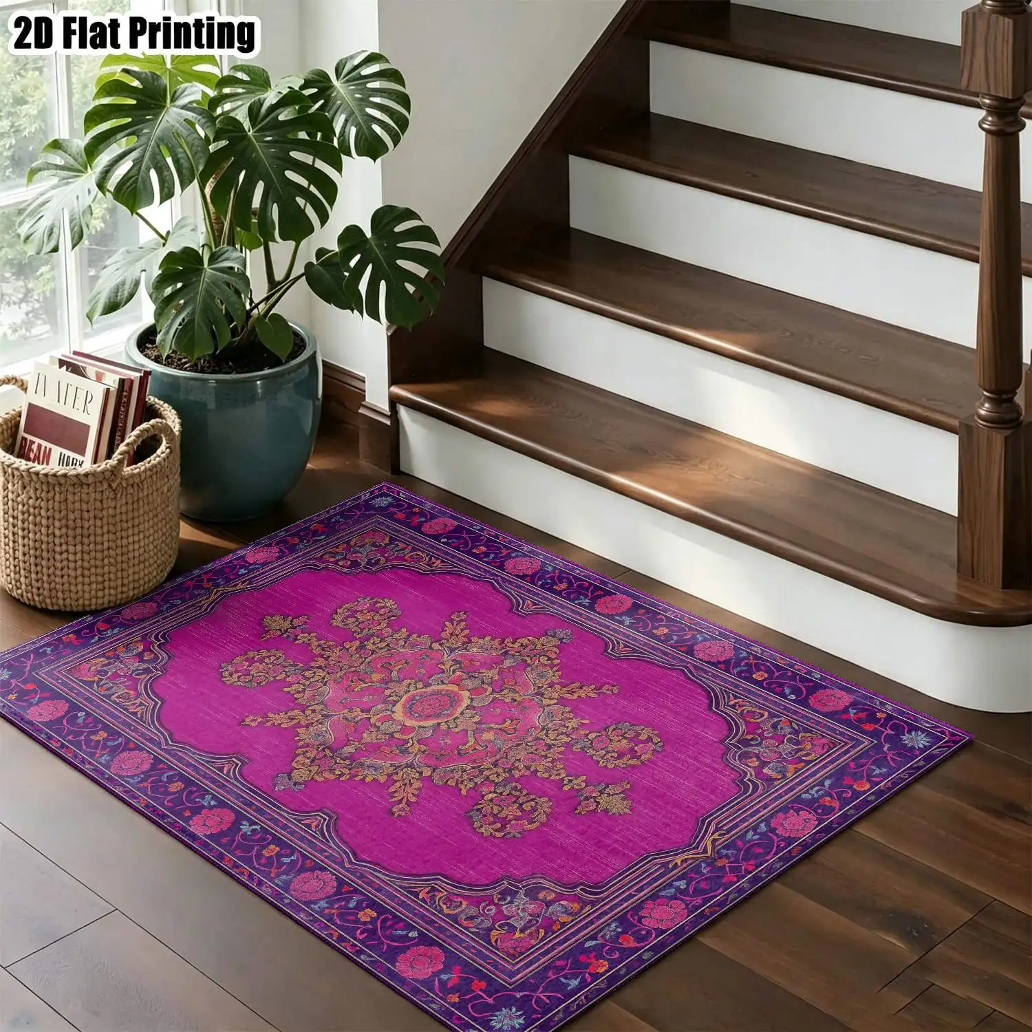 1Pc 2D Printed Magenta Floral Carpet: European Retro, Bohemian, Geometric Floral Styles, Home Decor Rug, Multi-Size, Machine Washable, Suitable for Entrance, Dining Room, Foyer, Living Room, Bedroom