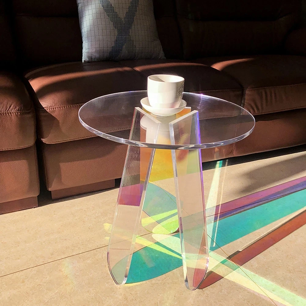 120cm Acrylic Rainbow Color Coffee Table Iridescent Glass End Table Round Side Table Modern Accent Table for Living Room