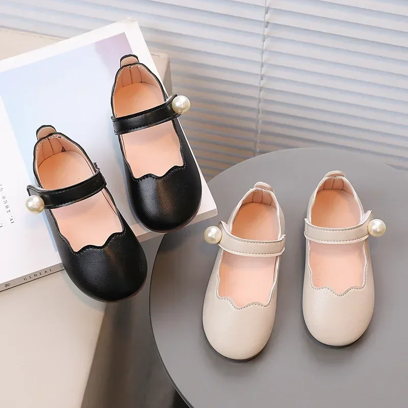 Girl's Pearl Shallow Black Beige Pu Leather Children Princess Shoes Four Seasons 21-30 Flexiable All-match Kids Flats