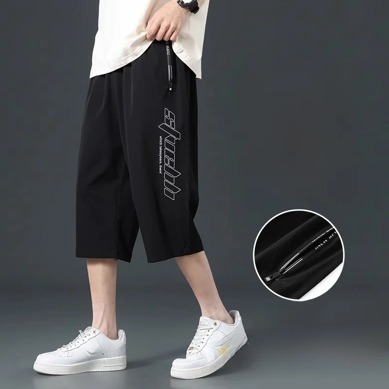 

Summer Ice Silk Thin Loose Straight Leg Seven-Foot Pants Men Casual orts Sport Middle Pants Pants Youth Active Sle