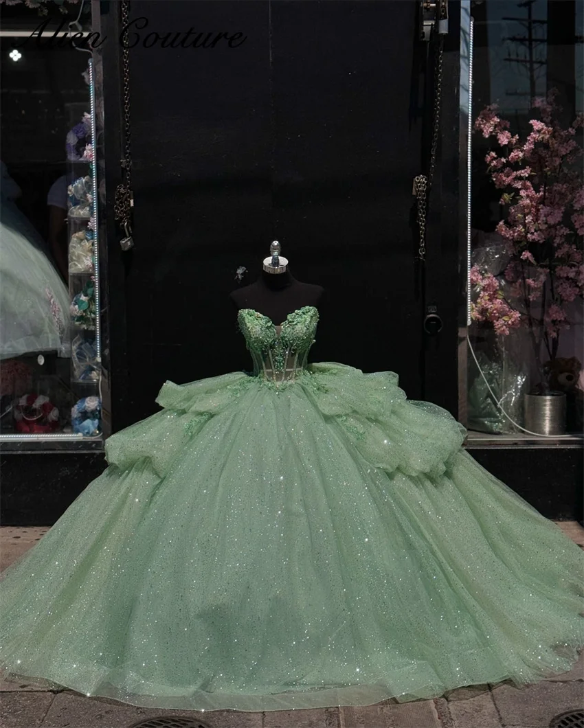 Sparkly Green Corset Quinceanera Dress 2024 Beads Crystal Pearls Ball Gown Prom Dress Bow Vestidos De 15 Años Lace-up Customized