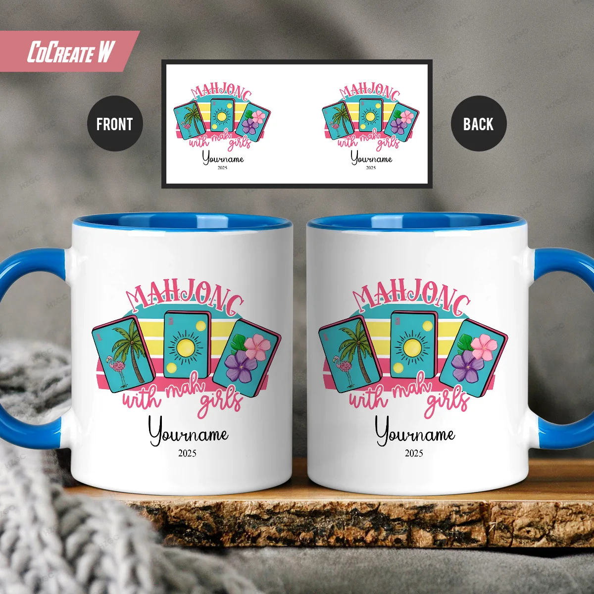 Personalized Mahjong Mug Custom Name Text Ceramic Coffee Cup 2D Print Mahjong Girl Design Gift for Party Birthday