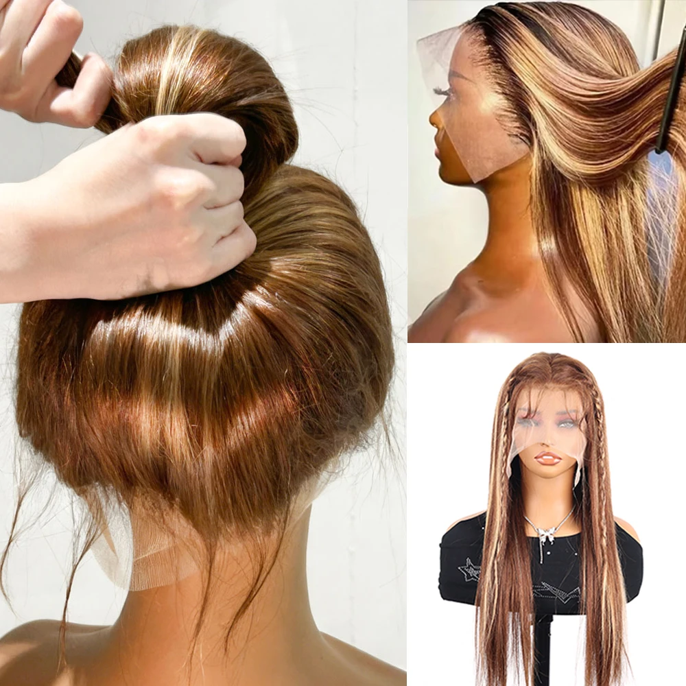 

200% 4/27 Highlight Wig 360 Full Lace Frontal Human Hair Wig 40 Inch Pre Plucked Straight HD Lace Front Human Hair Wigs On Sale