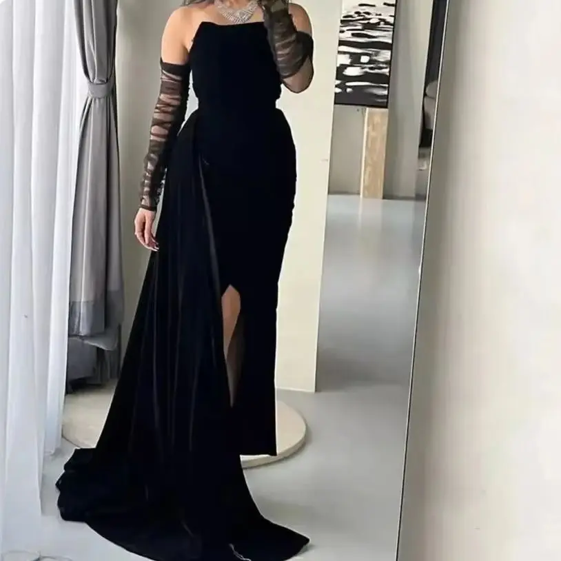 

Giyu Черное бархатное платье для выпускного вечера без бретелек Русалка с драпированным шлейфом Вечернее платье с разрезом по бокам Вечернее платье со шлейфом по индивидуальному заказу