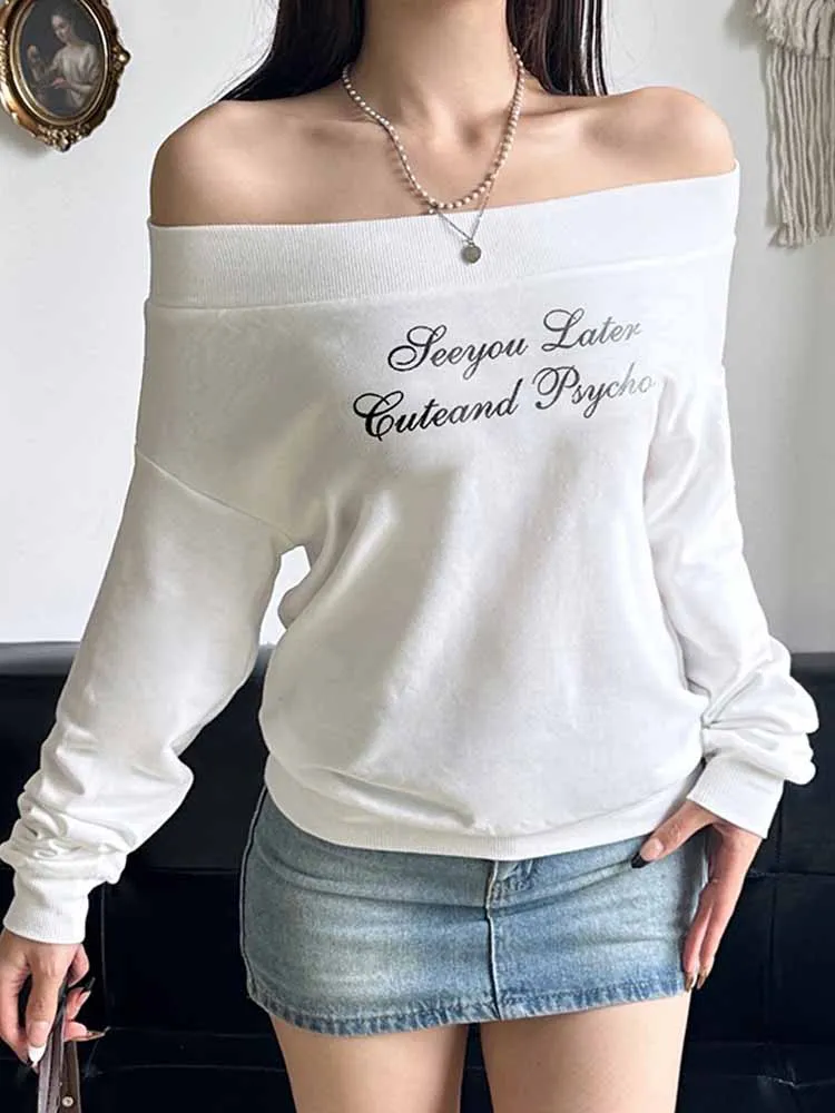 

BKQU Casual Off-Shoulder Sweatshirts Women Y2k Letter Print Long Sleeve T-shirt Korean Style Chic Loose Slash Neck Pullover Tops