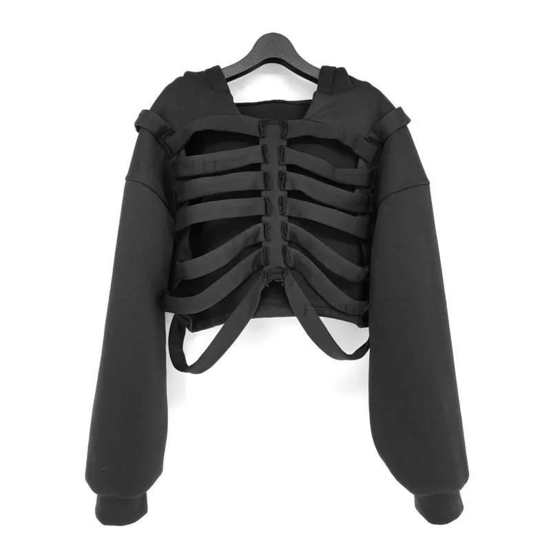 Halloween Solid Skeleton Hollow Out Hooded Sweatshirts Women Long Sleeve Loose Casual Pullovers Hoodies Harajuku Streetwear Tops