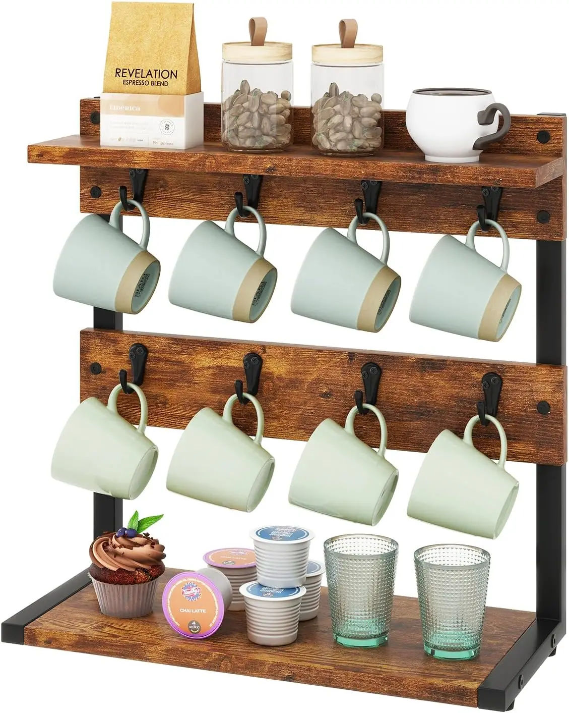Soporte rústico para tazas de café, soporte para árbol y tazas de encimera de 2 niveles, soportes para tazas vintage para cocina, capacidad para 8 tazas