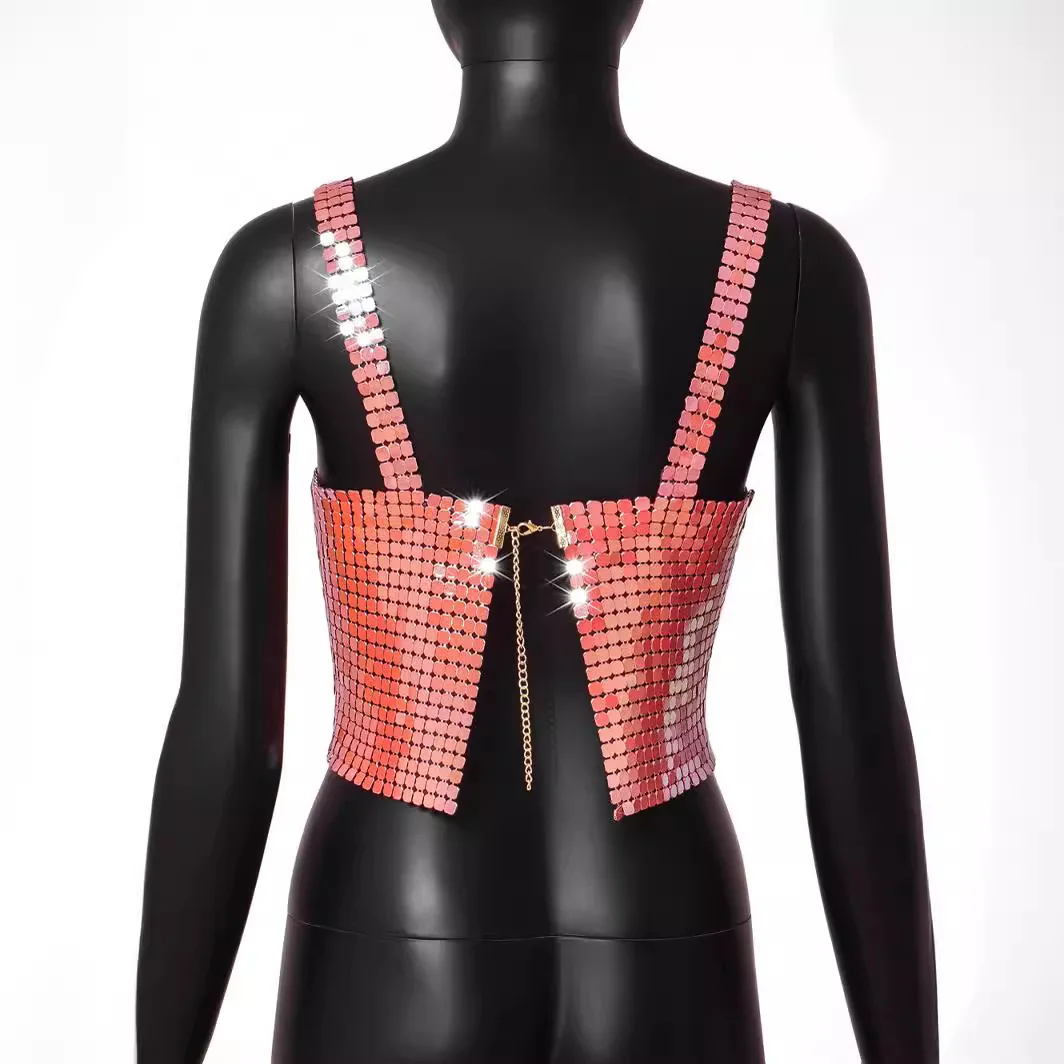 

Women's Low Cut Backless Metal Sequin Zip Strap Sexy Crop Top Women's LBZ20440