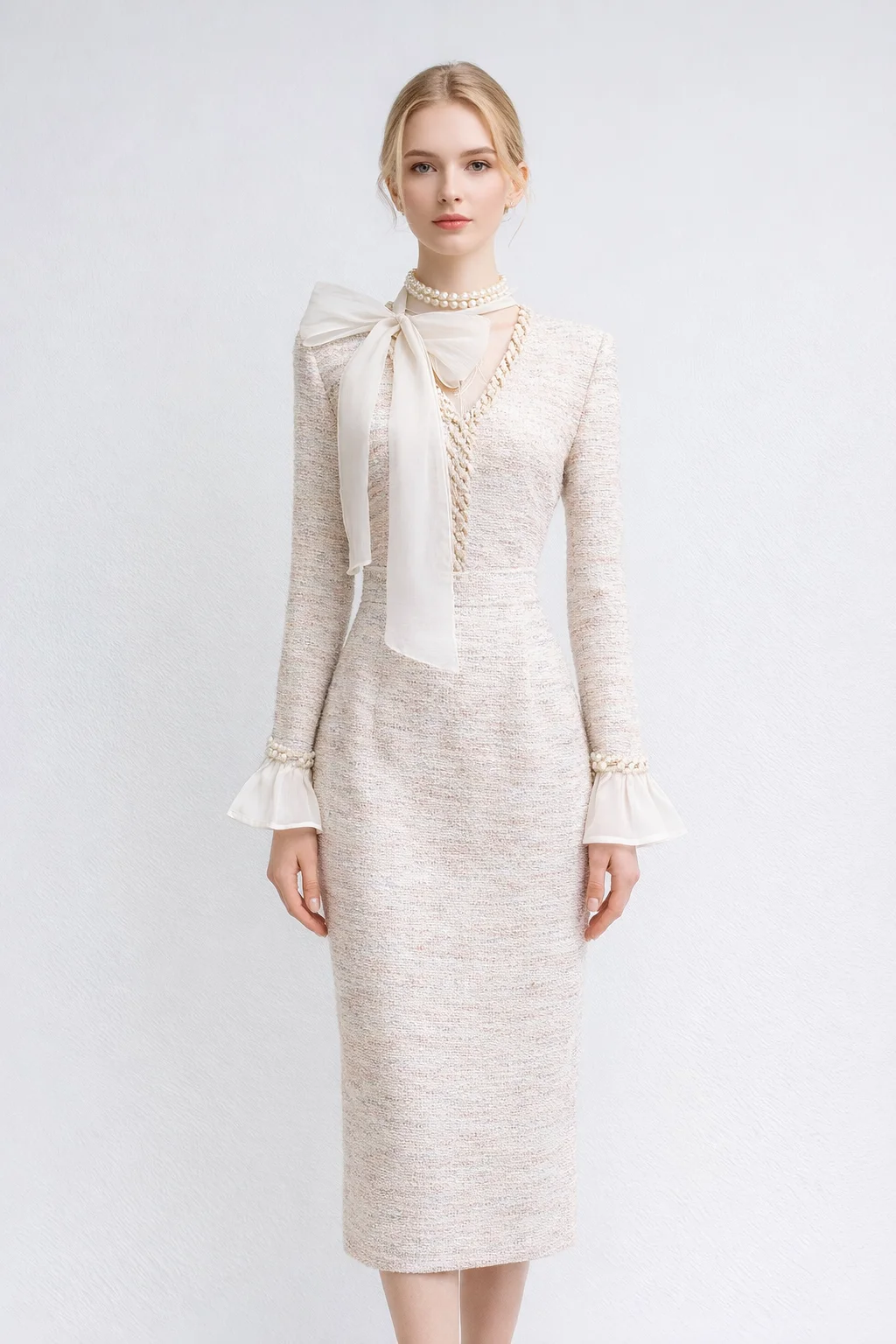 Vestido Midi de Tweed Francés de Lujo para Mujer, con Lazo en el Cuello, Volantes en las Mangas, Corte Entallado, Elegante, para Cóctel o Fiesta