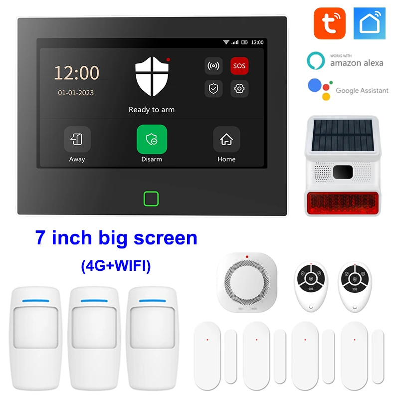 7 inch 4G & WiFi Home Alarm Host System Wireless GSM Big Screen Touch Panel Tuya Smart Security Protection Kit Remote Control