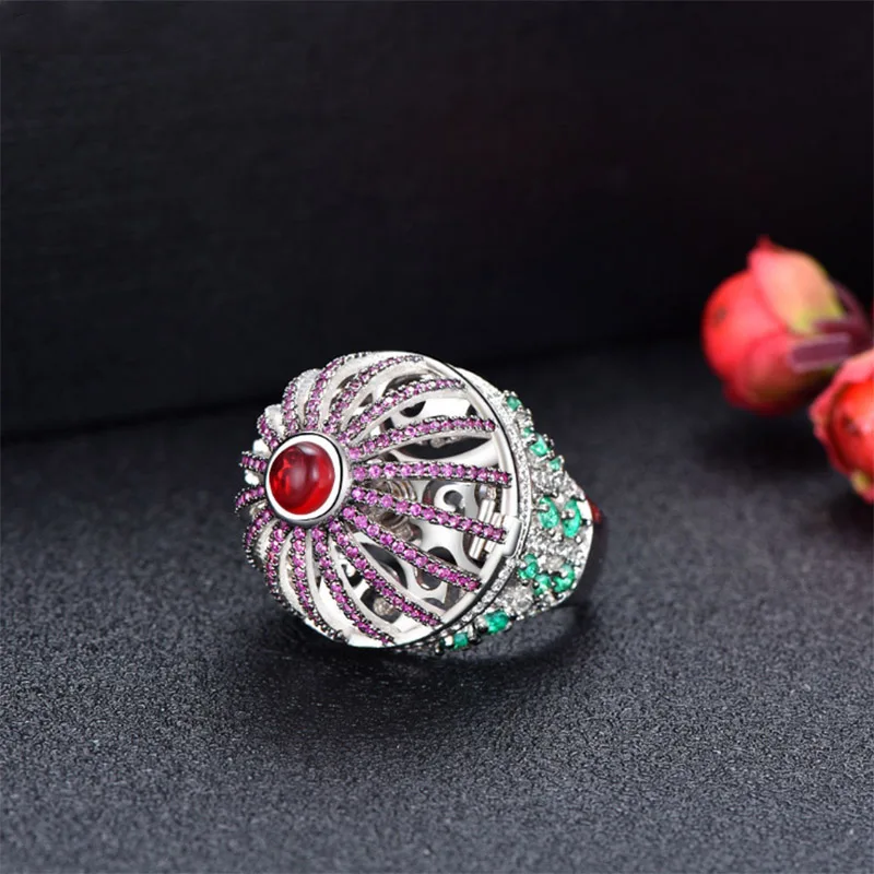 

Luxury Retro Titanium Steel Zircon Micro-Inlaid Birdcage Ring European American Fashion Personality Style