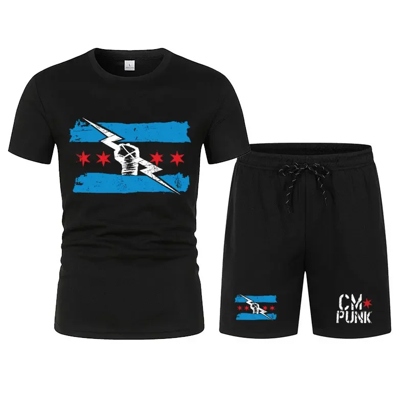 

Men's Black Return of CM Punk T-Shirt Shorts Set Summer Short Sleeve Man Overiszed Suits 2024 New Fashion Clothing Sets