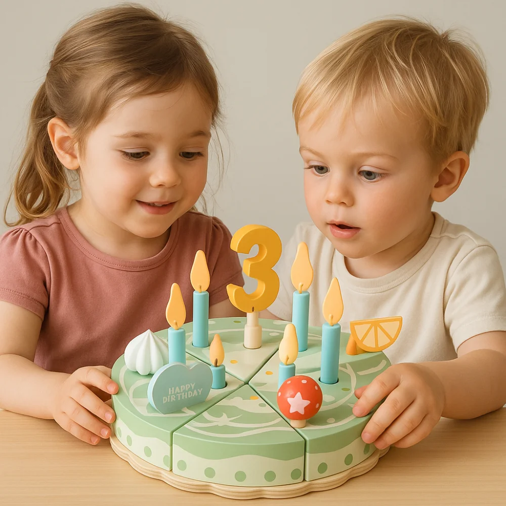 Modelo de bolo de madeira, casa de brincar montessori, festa, bolo, conjuntos de comida, interativo, cozinha em miniatura, brinquedo de simulação