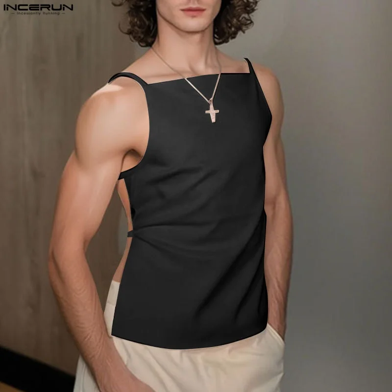 INCERUN Men Tank Tops Backless Hollow Out Sexy Lace Up Solid Color Vests Summer Sleeveless 2025 Fashion Unisex Tops Men Clothing