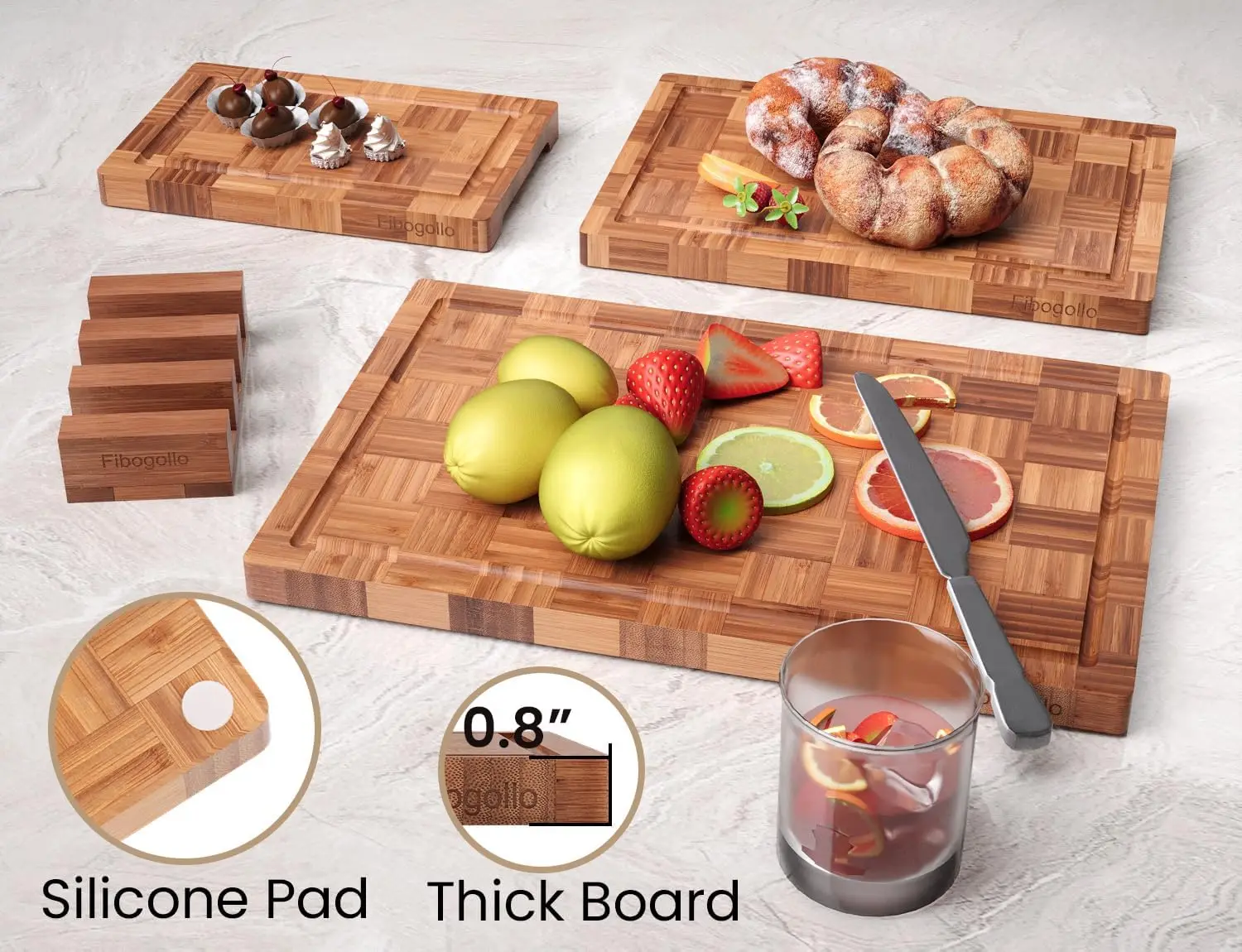 Bamboo Cutting Boards For Kitchen,Chopping Boards Set With Juice Groove,End Grain Bamboo Butcher Block,Serving Board