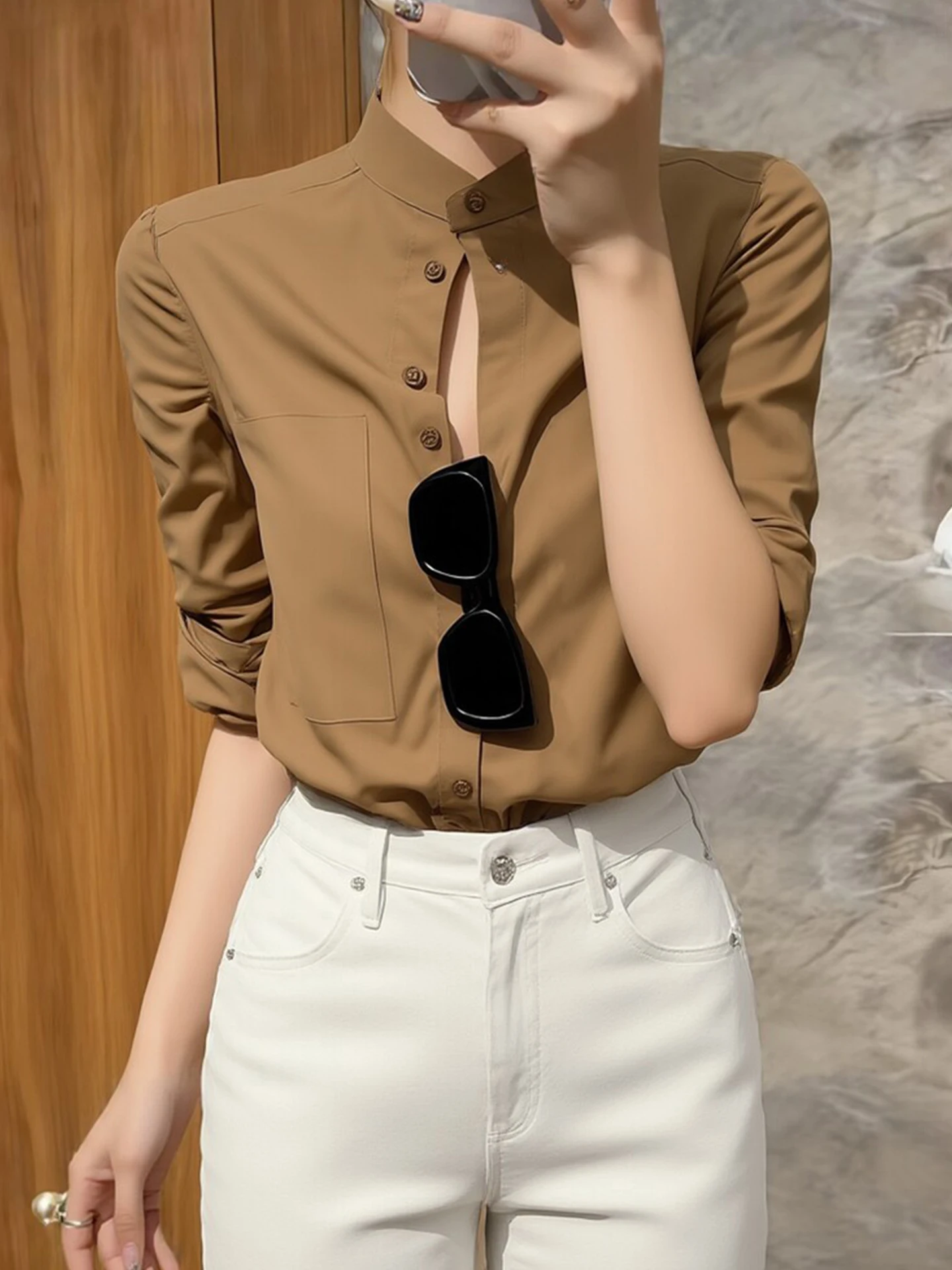 

Spring Commute Vintage Hong Kong Style Long Sleeve Shirt Women's Fashion Slimming Single Button Versatile Straight Cut Shirt
