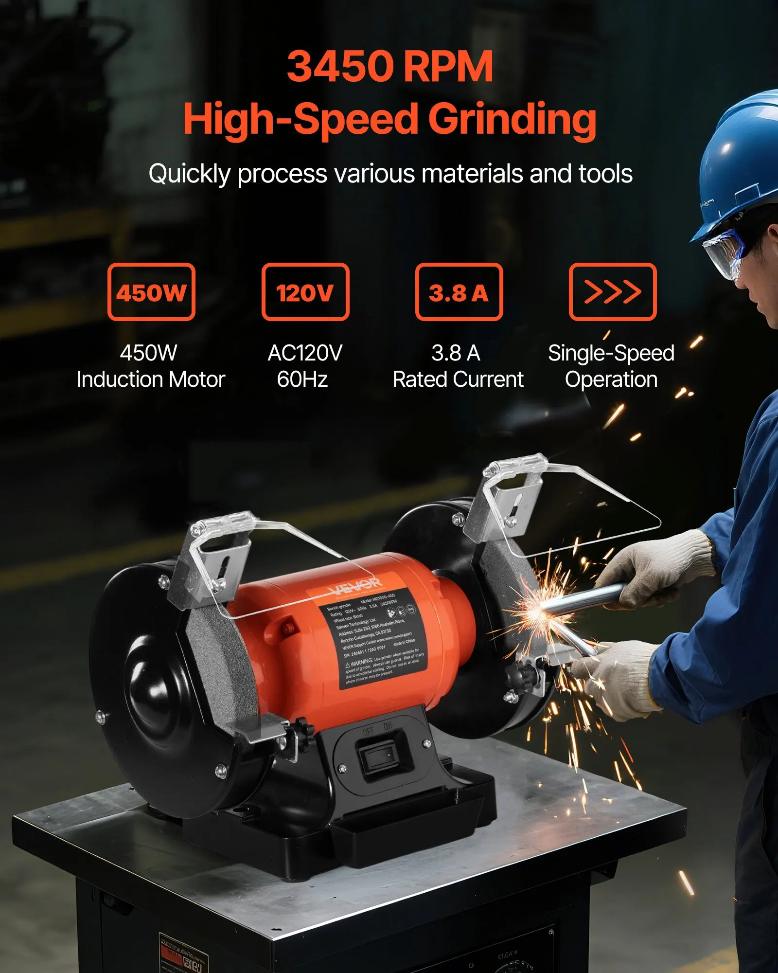 

Bench Grinder, 6-inch Single Speed Bench Grinder, 3450RPM High-Speed Table Grinders With 450W 3.8A Induction Motor, 36/60-Grit