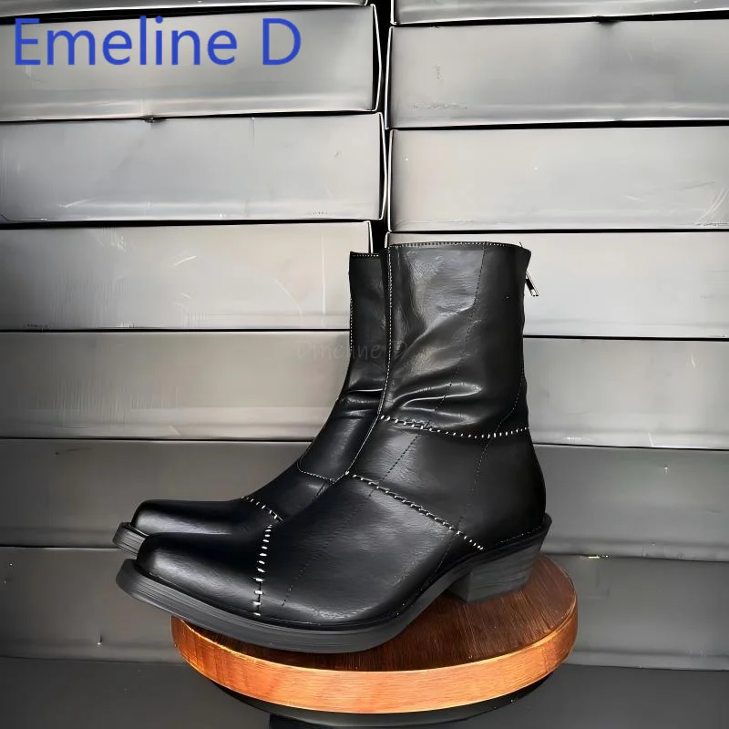 Black Upturned Short Boots Minimalist Style Stitched Design Pointed Thick Heel Height Increase Trendy Men Fashion Boots