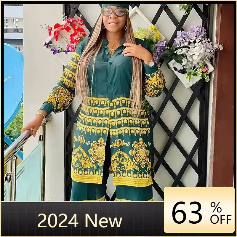 Two Piece Set Clothes for Women African Print Dresses Vacation Outfits 2024 Tops Pants Suit Dashiki Ankara Turkey Gown Plus Size